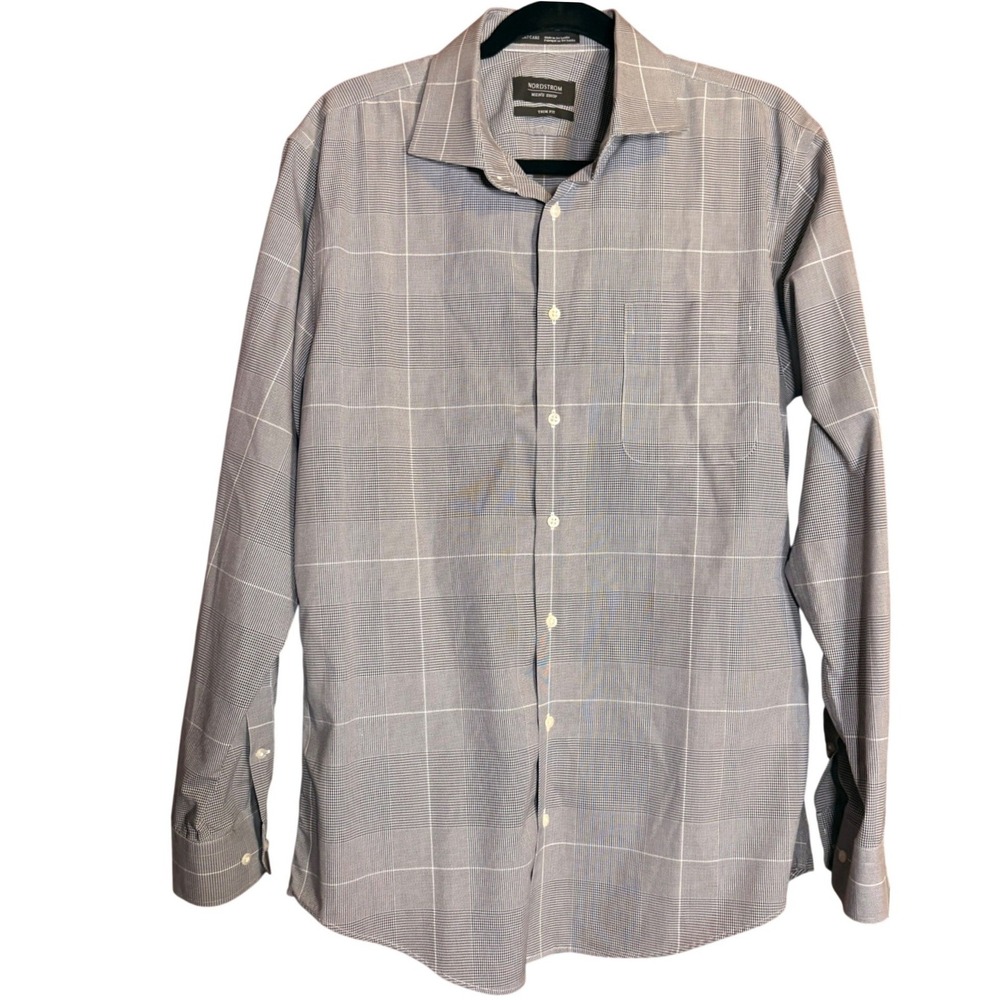 Nordstrom Dress Shirt Mens 16 34-35 Blue Good Trim Fit SmartCare Windowpane 761‎